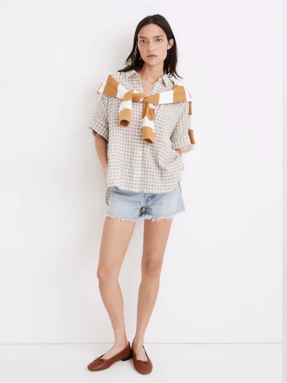 MADEWELL Gingham Textured Seersucker Daily Shirt in Multi Check Green Orange S